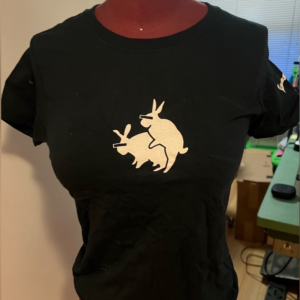 Playful Black Tee with White Rabbit Graphic